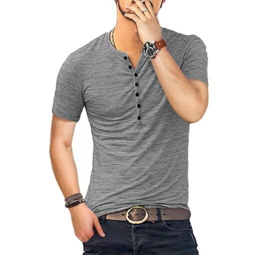 Buy A2697 Casual Summer Tee Tops Men Henley T Shirt Short Sleeve Stylish Slim Fit T-shirt Button Up V Neck Casual Men Tshirts online shopping cheap
