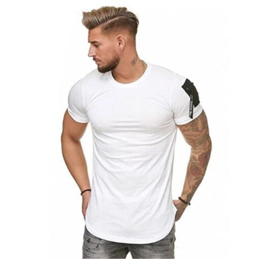 Buy A2767 Short Sleeve Zipper Shoulder Streetwear Hip Hop Summer T Shirt Men Longline Curved Hem Tshirt Slim Funny T-Shirt Plus Size online shopping cheap
