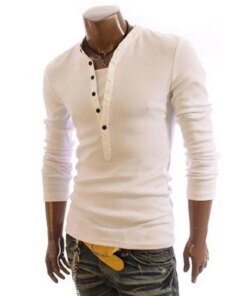 A2772 Cotton T Shirt Men Solid Color Tshirt Single-breasted Collar Long Sleeve