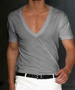 A2780 Men T-shirt Shorts Sleeve Deep V-Neck Tops Solid Color Oversized Tees Men Streetwear Loose Pullover T Shirts Spring Summer