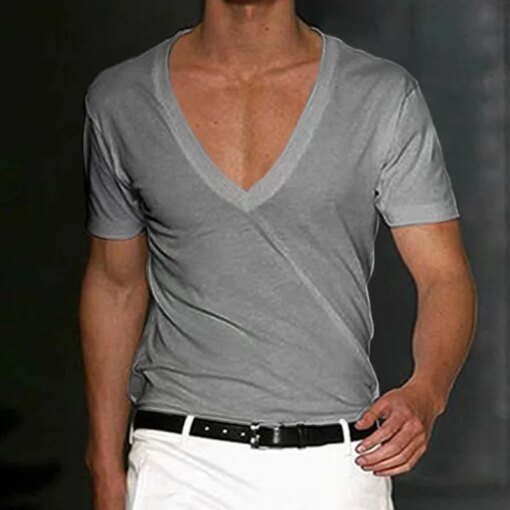 Buy A2780 Men T-shirt Shorts Sleeve Deep V-Neck Tops Solid Color Oversized Tees Men Streetwear Loose Pullover T Shirts Spring Summer online shopping cheap