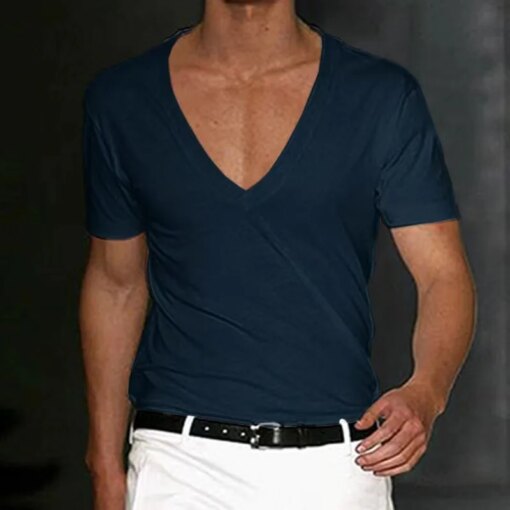 Buy A2789 Men T-shirt Shorts Sleeve Deep V-Neck Tops Solid Color Oversized Tees Men Streetwear Loose Pullover T Shirts Spring online shopping cheap