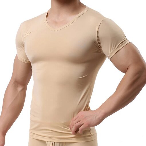 Buy A2792 Man Undershirt Ice Silk T Shirts Male Nylon V-neck Short Sleeves Tops Ultra-thin Cool Sleepwear Undershirt online shopping cheap