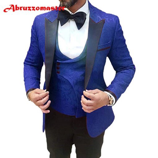 Buy Abruzzomaster Blue Floral Print Suit Custom Made Man Suit Blue Print Jacket for Groomsman Suit 3 Pieces Dinner Suit Double B online shopping cheap