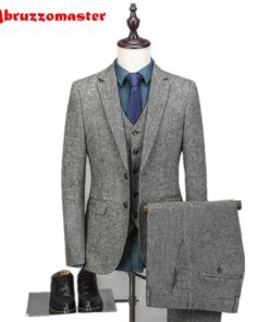 Abruzzomaster Dark Brown Tweed Men Suit British Style Modern Blazer 3 Pieces Wedding Suits Tweed Groom Suits