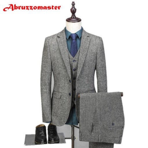 Buy Abruzzomaster Dark Brown Tweed Men Suit British Style Modern Blazer 3 Pieces Wedding Suits Tweed Groom Suits online shopping cheap
