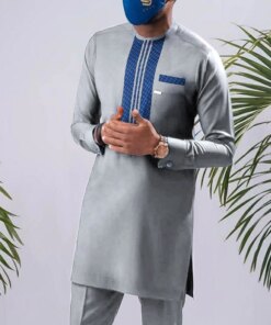 African Middle Eastern Casual Grey Slim Fit Shirt Muslim Fashion Robe Set Muslim Sets Kaftan Bonnet HommeMusulman Arab 2023