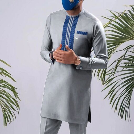 Buy African Middle Eastern Casual Grey Slim Fit Shirt Muslim Fashion Robe Set Muslim Sets Kaftan Bonnet HommeMusulman Arab 2023 online shopping cheap