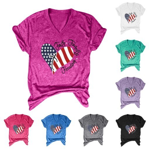 Buy American Flag Print Women T Shirt Round Neck Short Sleeve Independence Day 4th Of July Flag Tops Female Loose Patriotic Blouse online shopping cheap