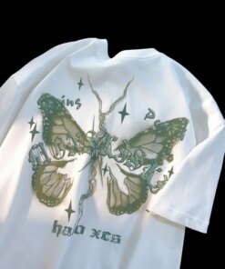 American Street Loose Fashion Men and Women Personalized Butterfly Print Graphic T-shirt Summer Retro Couple Casual Short Sleeve