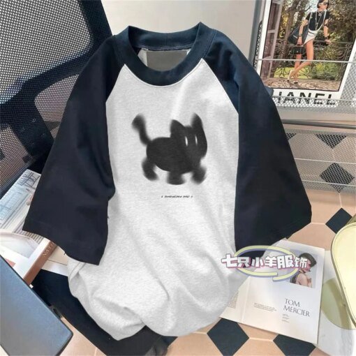 Buy American style raglan sleeves contrasting color T-shirts for women and men simple cat loose sweet cool ins couple short sleeves online shopping cheap