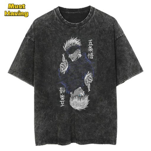Buy Anime Jujutsu Kaisen Gojo Satoru Graphic Tees for Men Retro Washed Cotton T-shirt Tops Oversized Tshirt Harajuku Streetwear online shopping cheap
