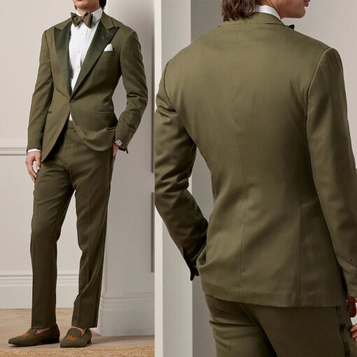 Buy Army Green Men's Suit 2 Pieces Blazer Pants One Button Peaked Satin Lapel Business Work Wear Formal Wedding Groom Costume Homme online shopping cheap