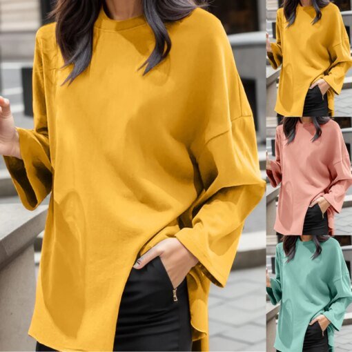 Buy Autumn Fashion Side Slits Women Blouse Korean O Neck Long Sleeves Baggy Shirts Plus Size Teens Y2k Streetwear ropa para mujer online shopping cheap