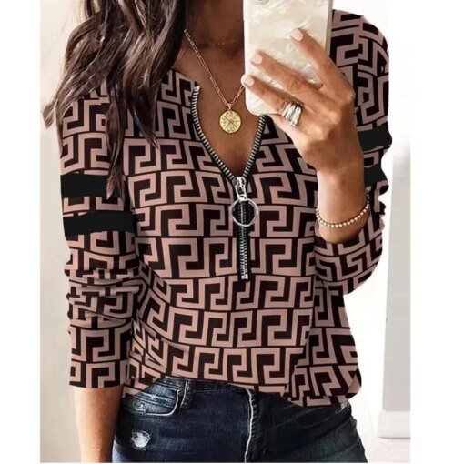 Buy Autumn Fashion V-Neck Print Tees Shirts 2023 Zippered Long-Sleeved Casual Women's Blouse Tops Loose Camisa Mujer Pullover online shopping cheap