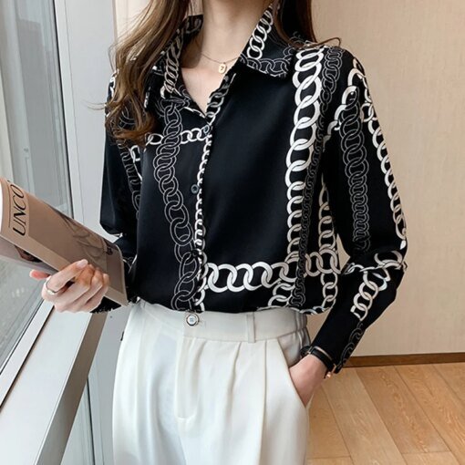 Buy Autumn Loose Tops Fashion Office Lady Clothes Elegant Chain Printed Blouse French Style Long Sleeve Chiffon Shirt Blusas 27894 online shopping cheap
