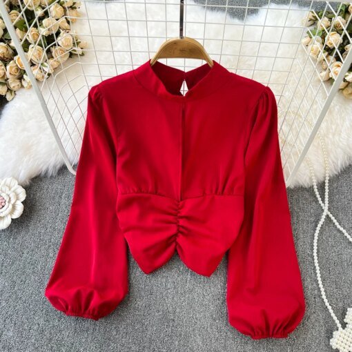 Buy Autumn New Korean Version Casual Stand-up Collar Bubble Long-sleeved Waist Pleated Shirt Women's Short Top online shopping cheap