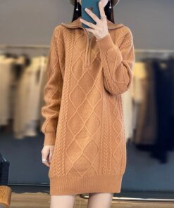 Autumn Winter Woman’s Seaters Long Dress Thick Jumper Female Pullover Long Sleeve Turtleneck Loose Large Size 100% Wool Knit Top