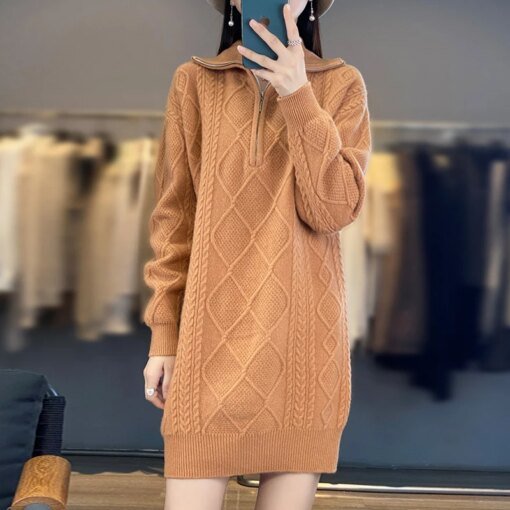 Buy Autumn Winter Woman's Seaters Long Dress Thick Jumper Female Pullover Long Sleeve Turtleneck Loose Large Size 100% Wool Knit Top online shopping cheap
