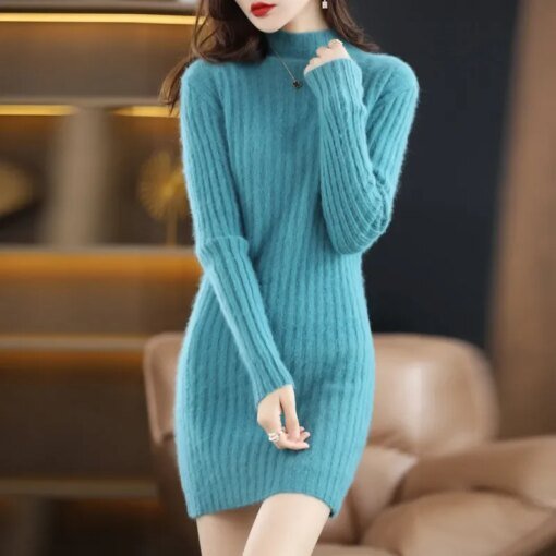 Buy Autumn and Winter 2023 Long Women's Sweater 100% Mink Cashmere High Neck Knitted Pullover Korean Fashion Soft Women's Top online shopping cheap