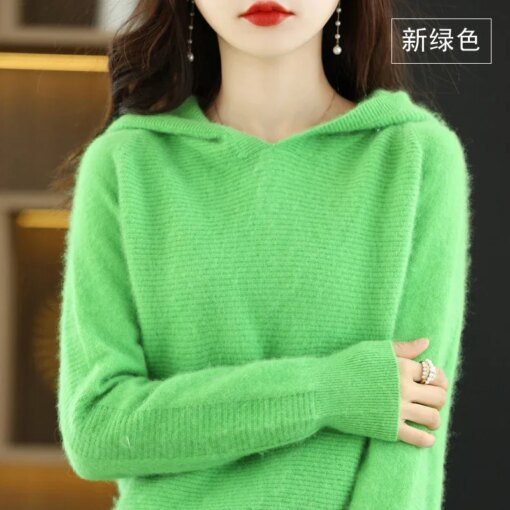 Buy Autumn and Winter New Cashmere Sweater Women's Hooded Pullover 100% Mink Knitted Top Casual Loose Fashion Jacket Korean Edition online shopping cheap