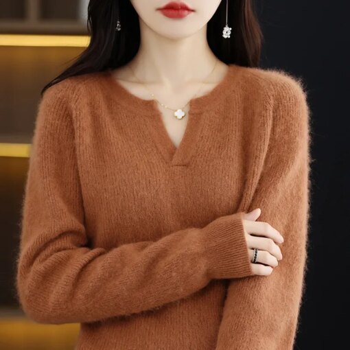Buy Autumn and Winter New Women's Sweater 100% Pure Mink Cashmere Knitted Pullover Warm Long Sleeve Korean Edition Women's Top online shopping cheap