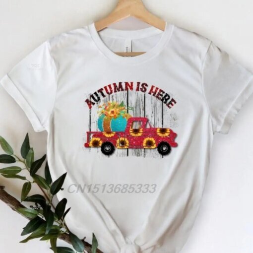 Buy Autumn is Here Female T-Shirts Harvest Thanksgiving Gifts Unisex Vintage T-Shirts Women New Design Comfy Cotton Tee Tops O-Neck online shopping cheap
