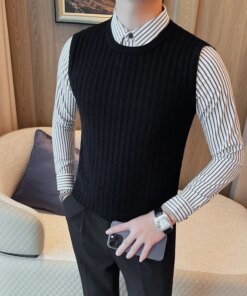 Black/White Business Casual Striped Shirts Spliced Sweaters For Men Clothing Simple Slim Fit Men’s Social Knitwear Pullovers 4XL