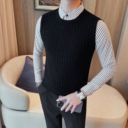 Buy Black/White Business Casual Striped Shirts Spliced Sweaters For Men Clothing Simple Slim Fit Men's Social Knitwear Pullovers 4XL online shopping cheap