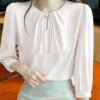 Buy Blouse Fashion Shirts 2023 Summer VONDA Women Puff Sleeve Satin Silk Tops Elegant Round Neck Casual Solid Color Blusas Feminina online shopping cheap