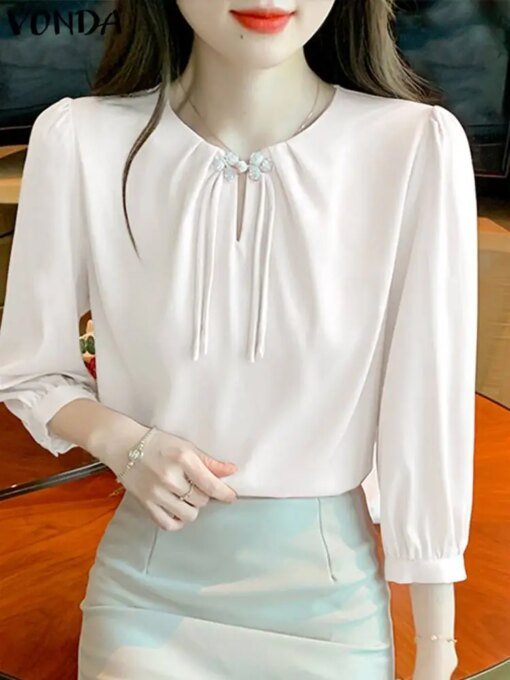 Buy Blouse Fashion Shirts 2023 Summer VONDA Women Puff Sleeve Satin Silk Tops Elegant Round Neck Casual Solid Color Blusas Feminina online shopping cheap