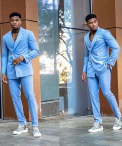 Blue Men’s Suit 2 Pieces Blazer Pants Double Breasted Peaked Lapel Business Pinstripes Work Wear Wedding Groom Costume Homme