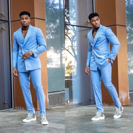 Buy Blue Men's Suit 2 Pieces Blazer Pants Double Breasted Peaked Lapel Business Pinstripes Work Wear Wedding Groom Costume Homme online shopping cheap