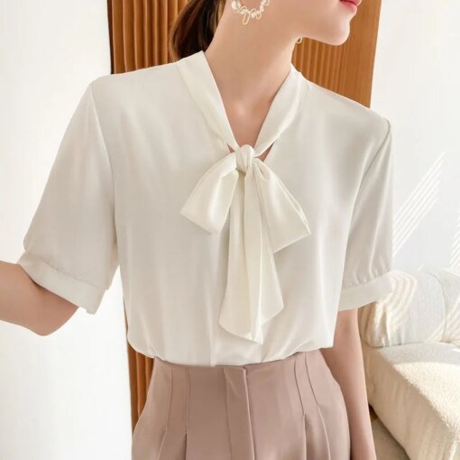 Buy Blusas Mujer De Moda 2021 Koean Summer Bow White Chiffon Shirt Female Short-sleeved Dropshipping Ladies Tops Elegant Office 1034 online shopping cheap