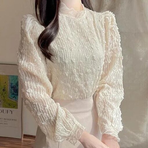 Buy Blusas Mujer De Moda 2022 Korean Fashion Women Clothing Lace Gauze Stand Collar Elegantes Shirts Female Puff Sleeve Pullover online shopping cheap