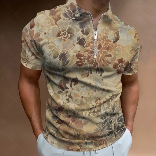Buy Brand New Men's Short Sleeve Polo Shirt 3D Flowers Printing Zipper Collar T-Shirt Casual Breathable High Quality Summer Clothes online shopping cheap