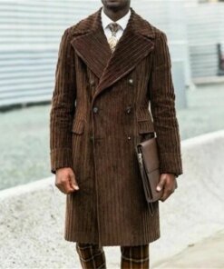 Brown Corduroy Men Suit Overcoat Double Breasted Tuxedos Peaked Lapel Blazer Business Long Coat Winter Customize Jacket