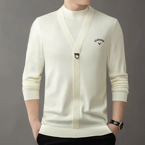 Buy Callaway Autumn Men's Knitted Shirt Half High Collar Fake Two Piece Sweater Spot Pullover Slim Fit Korean Edition Warm Shirt online shopping cheap