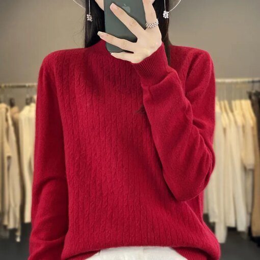 Buy Cashmere Sweater Autumn Winter Woman's Sweaters Long Sleeve Half High Neck Female Pullover Loose Jumper 100% Woolen Knitted Tops online shopping cheap