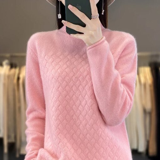 Buy Cashmere sweater Women's knitted sweater 100% Merino wool 2023 winter fashion half high neck top autumn and winter warm pullover online shopping cheap