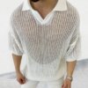 Buy Casual Hollow Knitted Polo Shirt Men Solid Pullover Short Sleeve Tee t Shirt Lapel Button Tops 2023 Spring Summer Men Clothing online shopping cheap