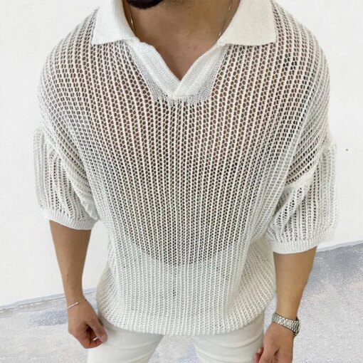 Buy Casual Hollow Knitted Polo Shirt Men Solid Pullover Short Sleeve Tee t Shirt Lapel Button Tops 2023 Spring Summer Men Clothing online shopping cheap