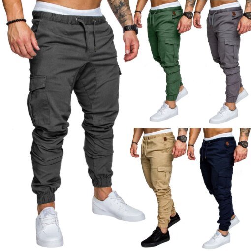 Buy Casual Jogger Fitness Pants for Men Waist Drawstring Skinny Cargo Pant Solid Color Muti Pockets Trousers Street Hip New Fashion online shopping cheap