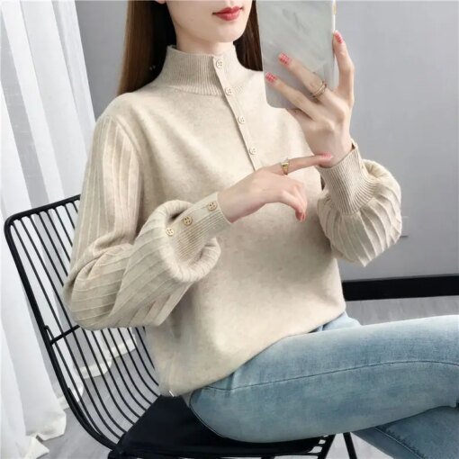 Buy Casual Korean 2023 Women's Clothing Sweaters Loose Buttons Elegant Temperament Autumn Winter Thin Long Sleeve Half Height Collar online shopping cheap