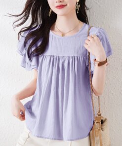 Casual Short Sleeve Chiffon Shirt for Women 2023 New Summer Ruffles Sleeve Korean Fashion Loose Tops Solid White Clothing 27151
