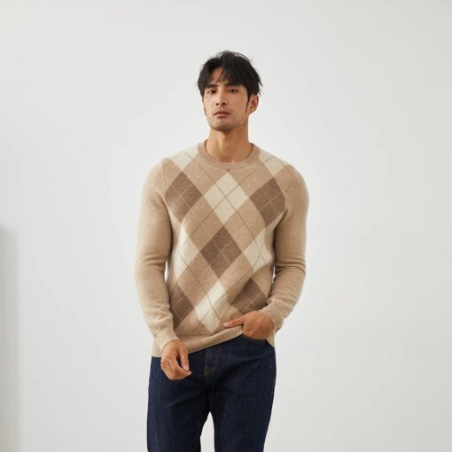 Buy Checkered Panel Contrast 100% Cashmere Men's O-Neck Pullover Casual Business Warm Top Autumn and Winter New Knitted Bottom Shirt online shopping cheap