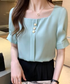 Chiffon Blouse Shirt For Women Fashion Short Sleeve Square Collar 2021 Summer Casual Office Lady White Shirts Tops Korean Style