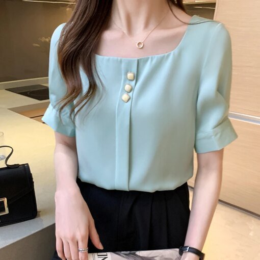 Buy Chiffon Blouse Shirt For Women Fashion Short Sleeve Square Collar 2021 Summer Casual Office Lady White Shirts Tops Korean Style online shopping cheap