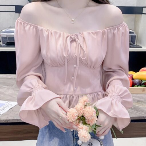 Buy Chiffon Blouses for Women Clothing Solid Office Ladies Tops Fashion Elegant Long Sleeves Square Collar Shirts Lace-up Pullover online shopping cheap