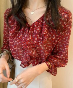 Chiffon Shirt Women’s 2023 Spring New Large Women’s V-neck Small Fresh Bottom Loose Fragmented Blouse Top